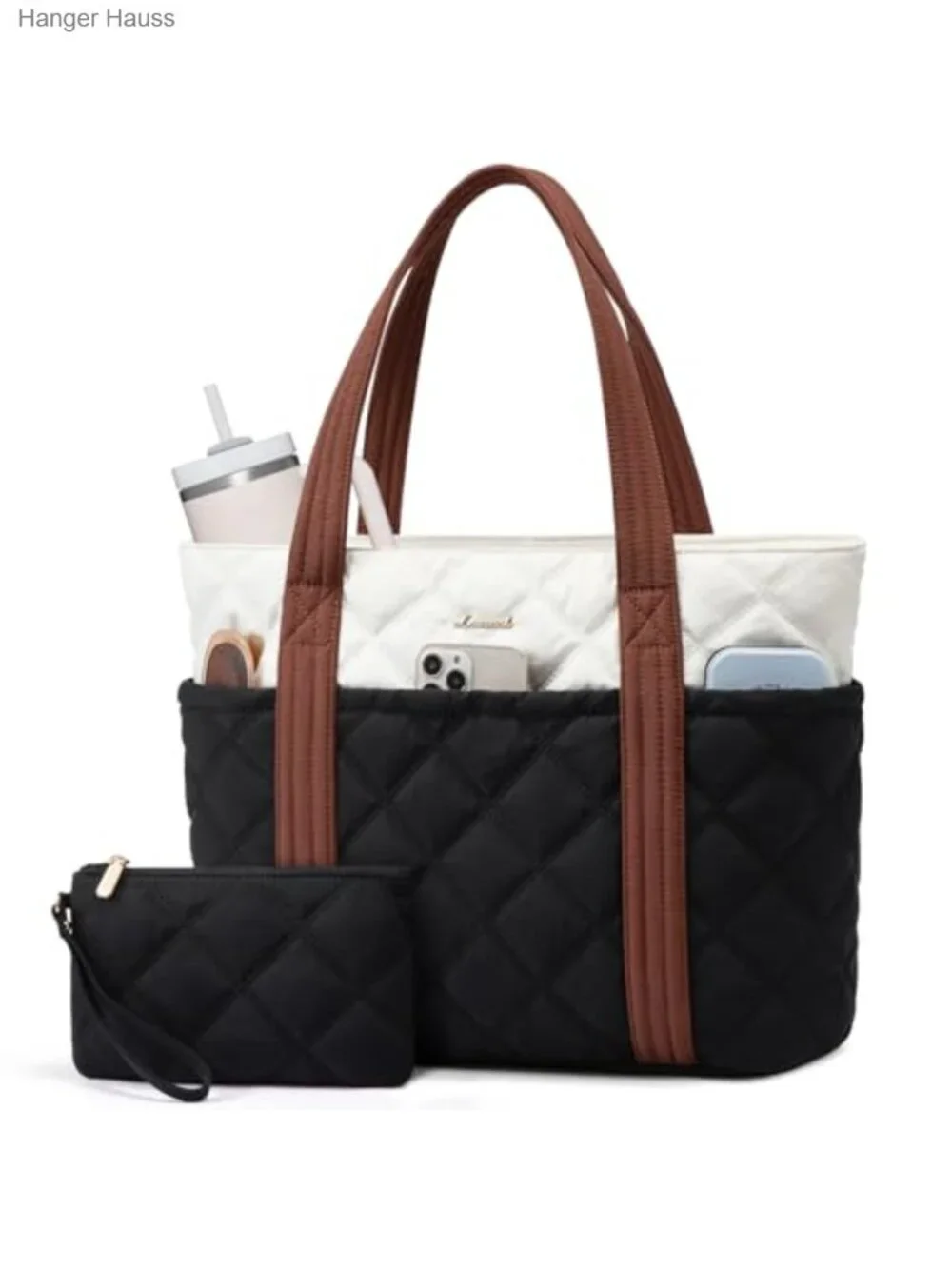 Puffer Tote Bag for Women with Laptop Pocket and Cup Holder, Nylon Handbag,